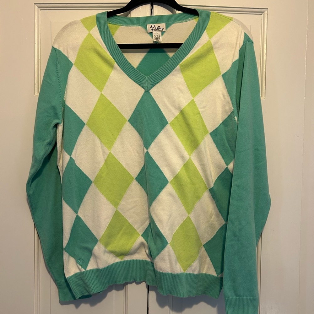 Lilly Pulitzer Women's V-Neck Sweater - Green and White Argyle